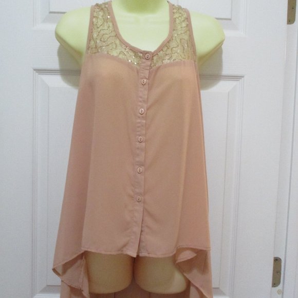 Sheer Chiffon Hi-Lo Tunic Top sz 8 Blush Beige Lace Sequin Boho - Picture 2 of 8